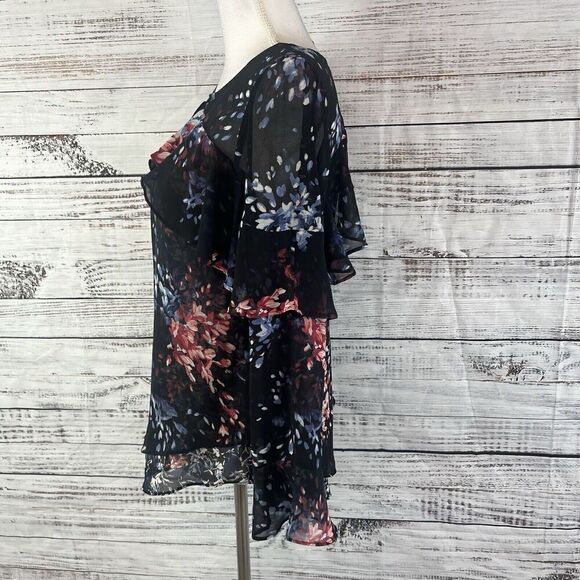 White House Black Market Blouse Tunic sz 4 Black Blue Pink Floral Sheer Ruffles - Picture 7 of 9